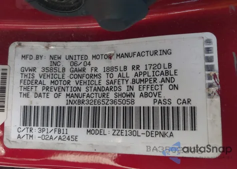 2005 Toyota Corolla Le z USA, uszkodzony, nr VIN 1NXBR32E65Z365058